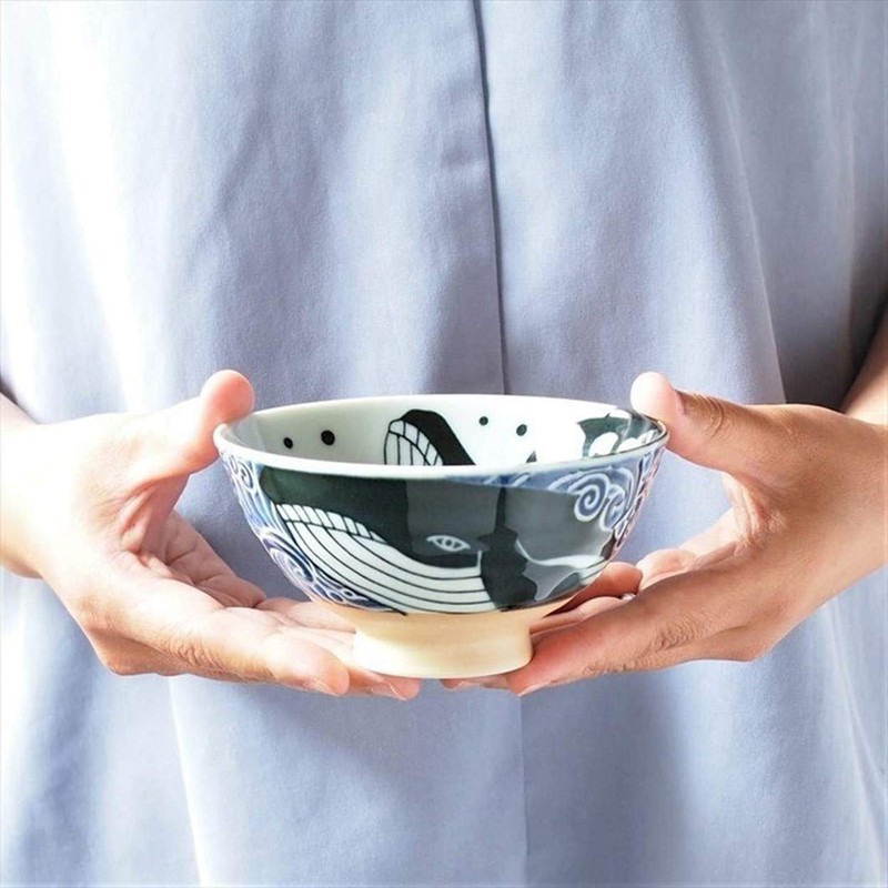 Minoru Touki White Wave Whale Blue Ceramic Rice Bowl Small