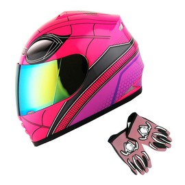 1Storm Youth Kids Motorcycle Full Face Helmet Street Bike BMX MX Spider Pink + MG Youth Glove Bundle