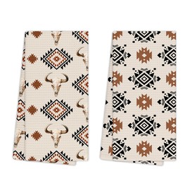 EGBTL Boho Southwestern Kitchen Towels, Rustic Farmhouse Western Aztec Bull Skull Pattern Hand Towels for Bathroom Decor, Country Western Dishcloths Dish Towel for Kitchen 16x24 Inches Set of 2