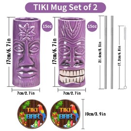 SuproBarware TIKI Mug Set - Set of 2 Ceramic TIKI Mug 15oz/440ml Tropical Style Cocktail Glass Set for Cocktail Lover (Purple Set)