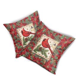 Evlaschin Christmas Birds Pillow Covers Set of 2 18x18in Winter Red Poinsettia Floral Cotton Linen Throw Pillowcases Vintage Xmas Snow Holiday Indoor Outdoor Soafe Couch Cuchion Covers Home Decor