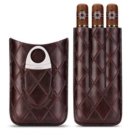 CIGARLOONG Cigar Case and Cigar Cutter Set Stainless Steel Cigar Guillotine Leather Case for 3 Cigars Portable Trave Case Humidor(Gray)