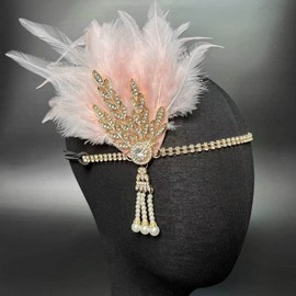 JUSTUSNX Gatsby Feather Crystal Headband 1920s Flapper Headband pearl Rhinestone Headband,Party Supplies for Women and Girls (D)