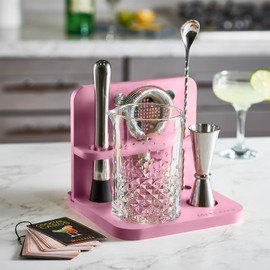 Mixeries Crystal Cocktail Mixing Glass Set with Bamboo Stand - 22 Oz 650ml - Thick and Sturdy Bottom, Durable and Seamless Design with Bar Accessories, Pink