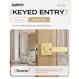 Leydebong 3 Pack Gold Door Knobs with Lock and Key, Keyed Alike Entry Door Lock, Brushed Gold Secure Keyed Reversible Lever Exterior, for Front Entrance and Bedrooms