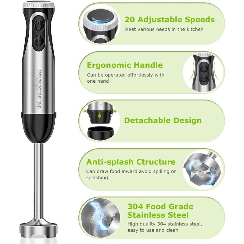 Bonsenkitchen Immersion Blender, 20 Variable Speeds & Turbo, 4-In-1 Stainless