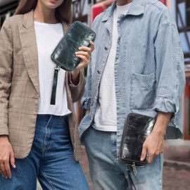 Contacts Wristlet Clutch Purses for Women and Men Full Grain Leather Small Crossbody Bag Clutch Wallet Unisex Shoulder Handbag with 3 Zip Compactments (Dark Blue)