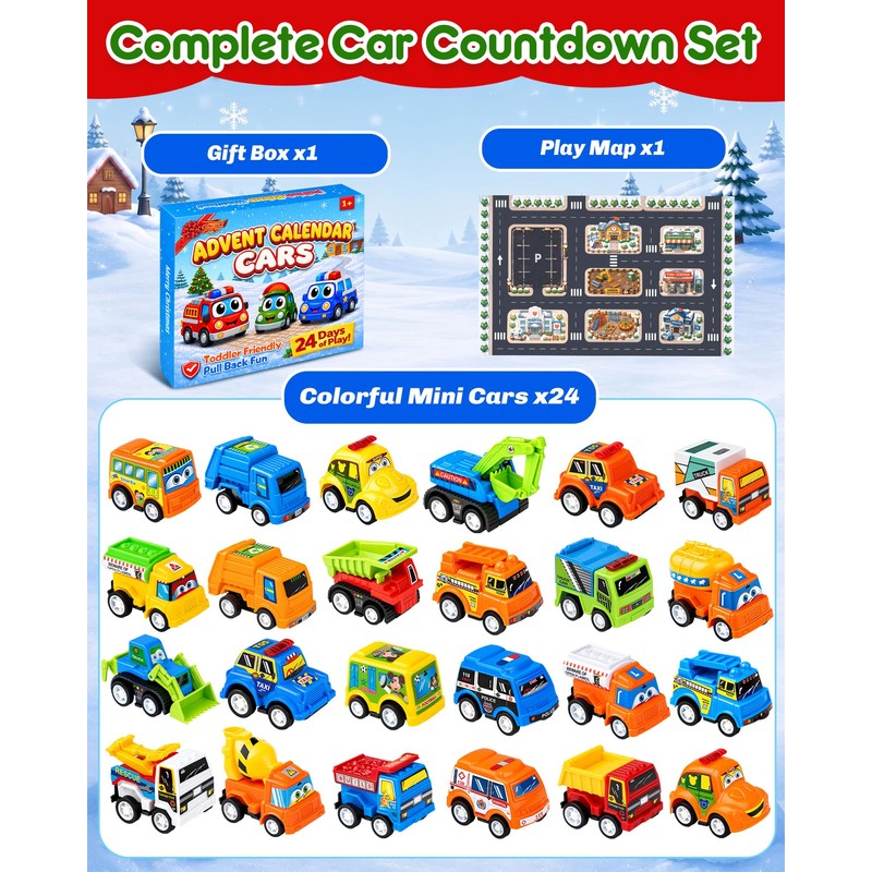 Car Advent Calendar 2026 for Toddlers, 24 Pull Back Vehicles
