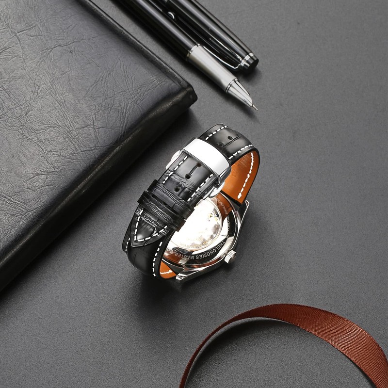 Moran Genuine Leather Watch Band, Quick Release, Polished, Deployment Buckle,