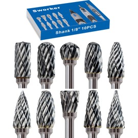 Sworker 10 Pcs Carbide Burr Set 1/8" Shank Compatible with Dremel Milwaukee Bits Rotary Tools Attachment Kit Rasp Drill File Accessories Metal Wood Stone Steel Grinding Carving Cutting Polishing
