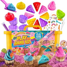 GirlZone Sweet Cakes Play Sand Kit for Kids, Pit Kit with 2lbs Moldable Colored Sand & 17 Tools, Toys for Toddlers Age 3-5