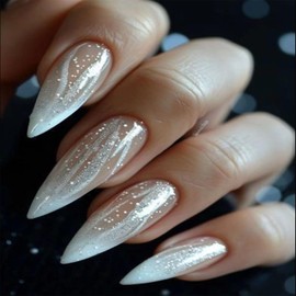 SINHOT Stiletto Press on Nails Long Fake Nails Glossy Glue on Nails White Glitter Gradient Acrylic Nails French Tip Almond Artificial Nails Stick on False Nails with Design 24 pcs