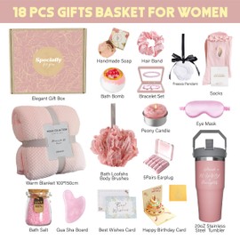 Birthday Gifts for Women Self Care Gifts Get Well Soon Gifts, Rose Relaxing Spa Gifts Basket Care Package w/ Luxury Flannel Blanket, Unique Christmas Gifts for Mom Her Friend Sister Wife Grandma