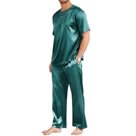 Ekouaer Mens Silk Pajamas Set Classic Button Down Pajama Sets 2 Piece Pjs Silky Sleepwear Soft Loungwear Dark Green XX-Large