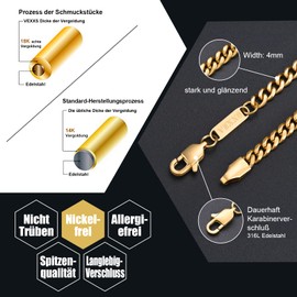 VEXXS 3/4/5/6 mm Men's Curb Chain, 18 K Gold Plated Cuban Necklace, Miami Cuban Link Chain, Men's Chain, Hip Hop, Nickel-Free for Men and Women, Stainless Steel