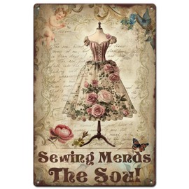 SUPERDANT Sewing Mends The Soul Metal Signs Floral Dress Tin Sign Dress Theme Funng Signs Sewing Metal Wall Plaque Bar Sign for Home Living Room Wall Arts Decoration
