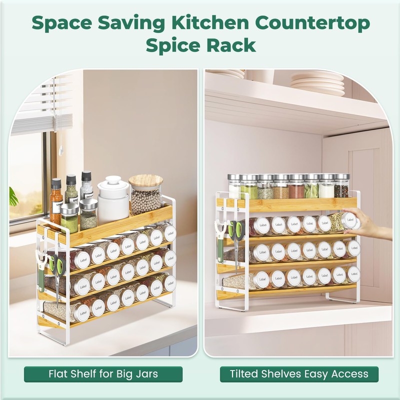 EsLuker.ly Spice Seasoning Rack Organizer Kitchen Countertop, 4 Tier Bamboo
