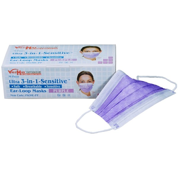 ValuMax 5630E-PP Ultra-3-In-1 Sensitive Disposable Earloop Face Masks, Cellulose Inner Layer, High Filtration, Purple, Box of 50