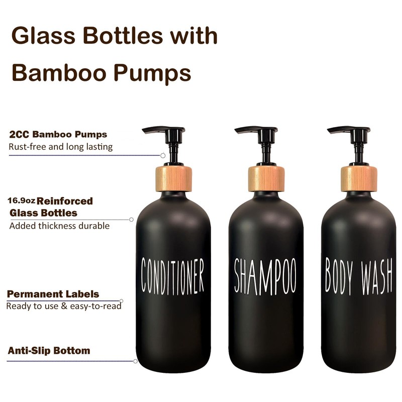 Black Shampoo and Conditioner Dispenser Set of 3 16.9oz Refillable