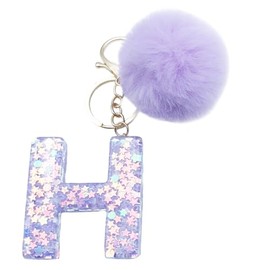 Xsclpomddy Initial Letter Resin Alphabet Key Rings with Fur Ball Pom pom keychains Purple for Car Key Rings,H