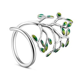 Beadthoven 925 Sterling Silver Enamel Leaves Tree of Life Open Ring Adjustable Ring Size 58