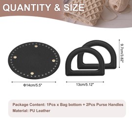 sourcing map Crochet Bag Making Kit, 1Pcs 5.5" Round PU Leather Bag Bottom with 2Pcs D-Shaped Purse Handle Purse Making Supplies for DIY Woven Bag Crochet Handbag, Black