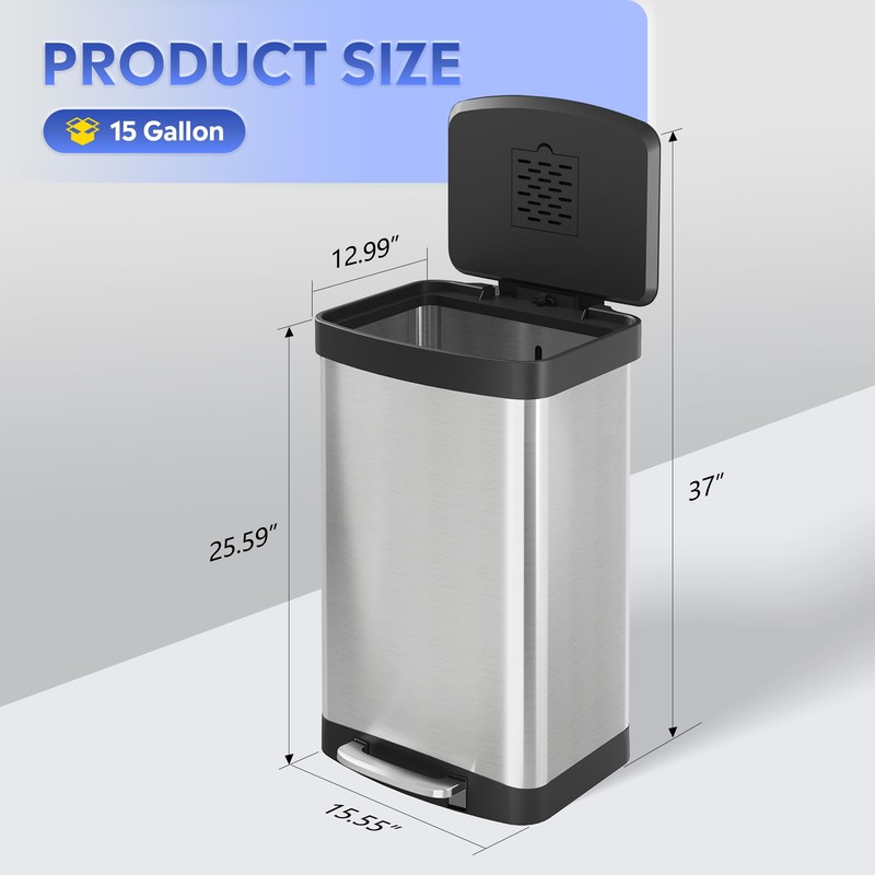 WLIVE 55 Liter Gallon Trash Can with Soft-Close Lid, 14.5