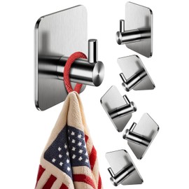 Menz 6-Pack Towel Hooks for bathrooms, Stainless Steel - Durable Adhesive Hooks, Adhesive Wall Hooks, Adhesive Towel Hooks, Waterproof Stick on Hooks