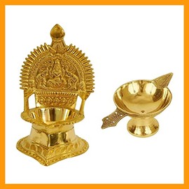 Set of 2 Pure Brass Kamakshi and Arti Diya Deepak for Puja Oil lamp Golden