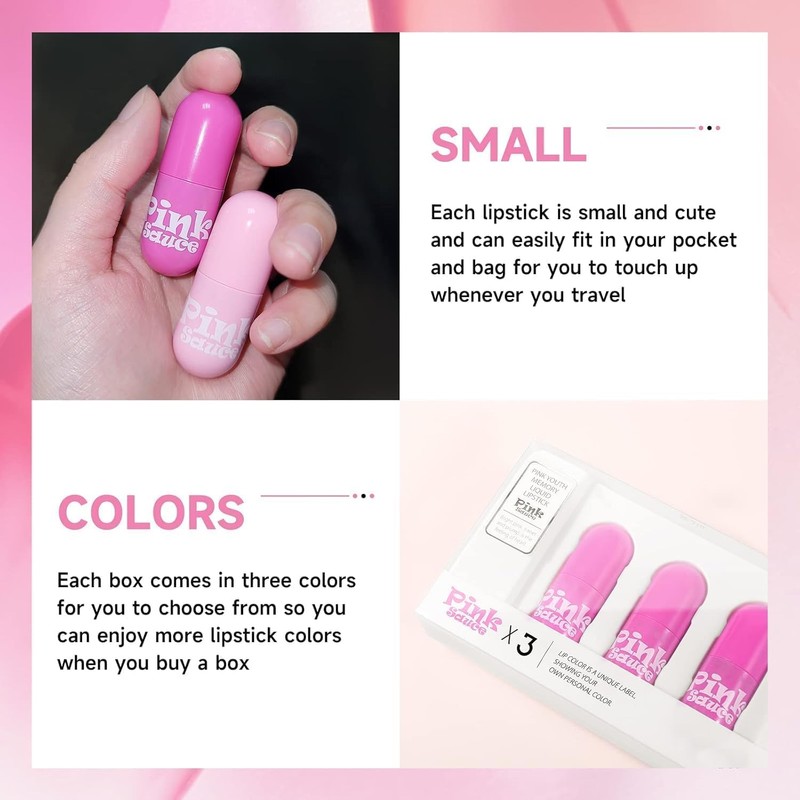 Juego de 3 pintalabios rosa con efecto espejo, resistente al
