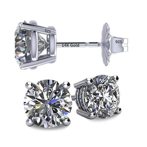 Central Diamond Center 14K Solid Gold Post & Sterling Silver 4 Prong CZ Stud Earrings - Platinum Plated - 5.50mm - 1.50cttw