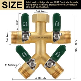 Garden Hose Splitter, 4-Way Full Flow Outdoor Faucet, Heavy Duty Brass Hose Manifold Wiht Green Long Handle, High Flow Faucet Adapter, 3/4-Inch GHT
