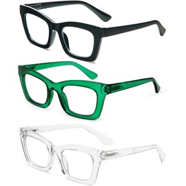 REAVEE 3 Pack Oprah Style Reading Glasses Blue Light Blocking Computer Square Readers for Women with Spring Hinge Anti Glare/Eyestrain, Black Green Clear 1.75