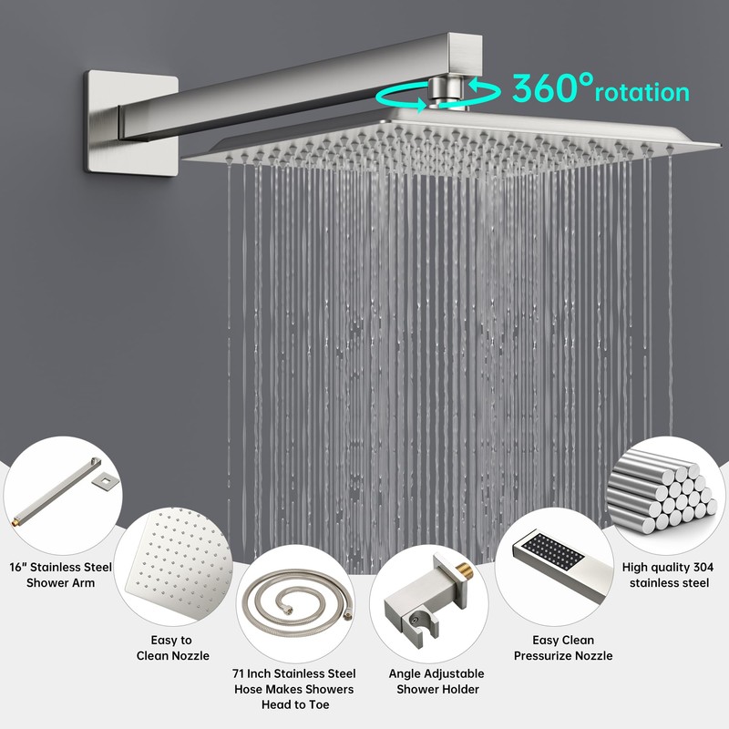 Square Rainfall Shower Head and Handle Set, 10 inch Wall