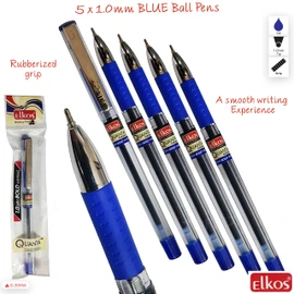 ELKOS BLUE Ballpoint Pens, 1.0mm Medium Point, Pack of 5, Quanta Ball Pens, Smooth Writing, Soft Grip, School Office Home Pens, ZOFAX Black Ball Pen