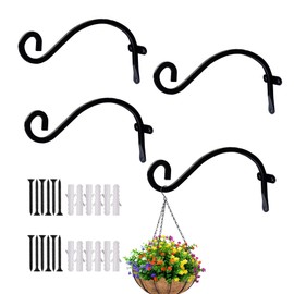Hourleey 4 Pack Plant Hanger Outdoor, 8 Inch Heavy-Duty Hanging Plant Hook for Outside Basket, Black Metal Wall Mount Plant Bracket Hook for Flower Baskets Bird Feeder