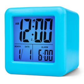 Plumeet Digital Alarm Clock Kids with Snooze and Nightlight - Easy Setting Silicone Clock Display Time, Date - Loud for Bedroom - Battery Powered (Blue)
