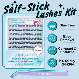 ANJOSIRMA Self Adhesive Lash Clusters Reusable Self Adhesive Eyelashes Fluffier Press on Lashes Extension No Glue Needed 8-16mm Glueless Lashes Clusters with Tweezers Beauty Women