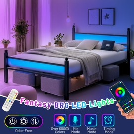 CLIBFENG Queen Bed Frame with Headboard and Footboard,Steel Slats Support-LED Bed Frame with USB Charging Station,Metal Bed Frame-Under Bed Storage, No Box Spring Needed, Noise Free，Black