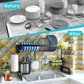 Supfirm Over The Sink Dish Drying Rack - Stainless Steel Adjustable (33''-40'') 2-Tier Large Dish Dryer Rack for Kitchen Organizer Storage Space Saver Shelf Utensils Holder Tableware Drainer