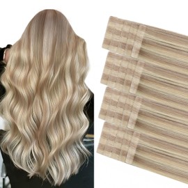 COOKAYU invisible Tape In Hair Extensions Human Hair Piano Ash Blonde Mix with Platinum Blonde 16 inch 20 pcs 35g Silky Soft for Women （P18/60-16inch）