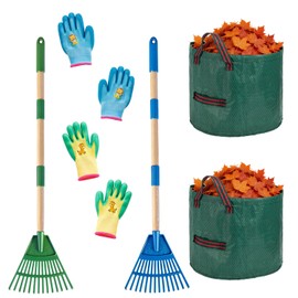 2 Pack Kids Adjustable Leaf Rake(25" to34) with 2 Pairs Gloves & 2 Leaf Bag