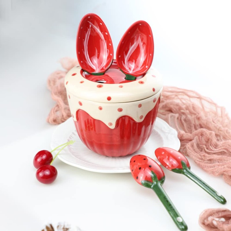 Sizikato 4pcs Porcelain Measuring Spoons with Base, Cute Strawberry Shape