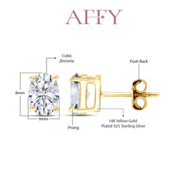 AFFY 8X6MM Oval Shape Birthstone Cubic Zirconia Solitaire Stud Earrings With Friction Back for Women In 14K Yellow Gold Over Sterling Silver (VVS1- VVS2 Clarity)