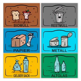 GamesMonkey® - Separate Collection Small Recycling Waste Stickers – DE – V2 – Waterproof Washable Funny Kids – Italian English – Complies with UNI 11686 (15 x 10 cm, 6 Pieces)