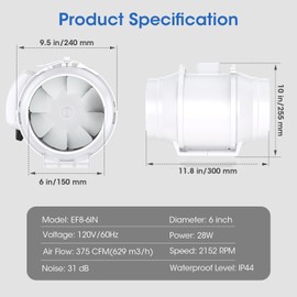 Tesansi 6 Inch Inline Duct Fan with EC Motor - High-Performance 375 CFM Inline Booster Duct Ventilation Exhaust Fan for Bathrooms, Kitchens & Grow Tent Hydroponics, 3D Printer