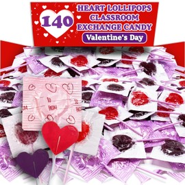 Valentine's Day Heart Lollipops, 140 Count Bulk Valentine Exchange Lollipops, Heart Shaped Assorted Fruit Flavored Lollipops Individually Wrapped, Addressable Labels for Classroom Exchange