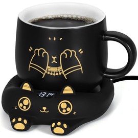 PUSEE - Juego de tazas de café y lindo para gato, calentador de tazas de café para computadora con apagado automático, calentador de bebidas con 3 ajustes de temperatura, calentador de velas con juego