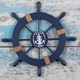 MDLUU Wooden Nautical Ship Steering Wheel, Small Ship Rudder and Anchor Wall Decor Set, 11" Navy Blue Helm Wheel Beach Theme Hanging Ornament