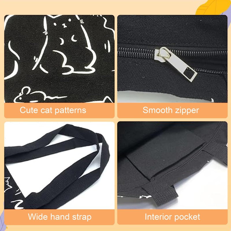 Eowppue Charming Canvas Tote Bag with Cute Cat Pattern, Versatile